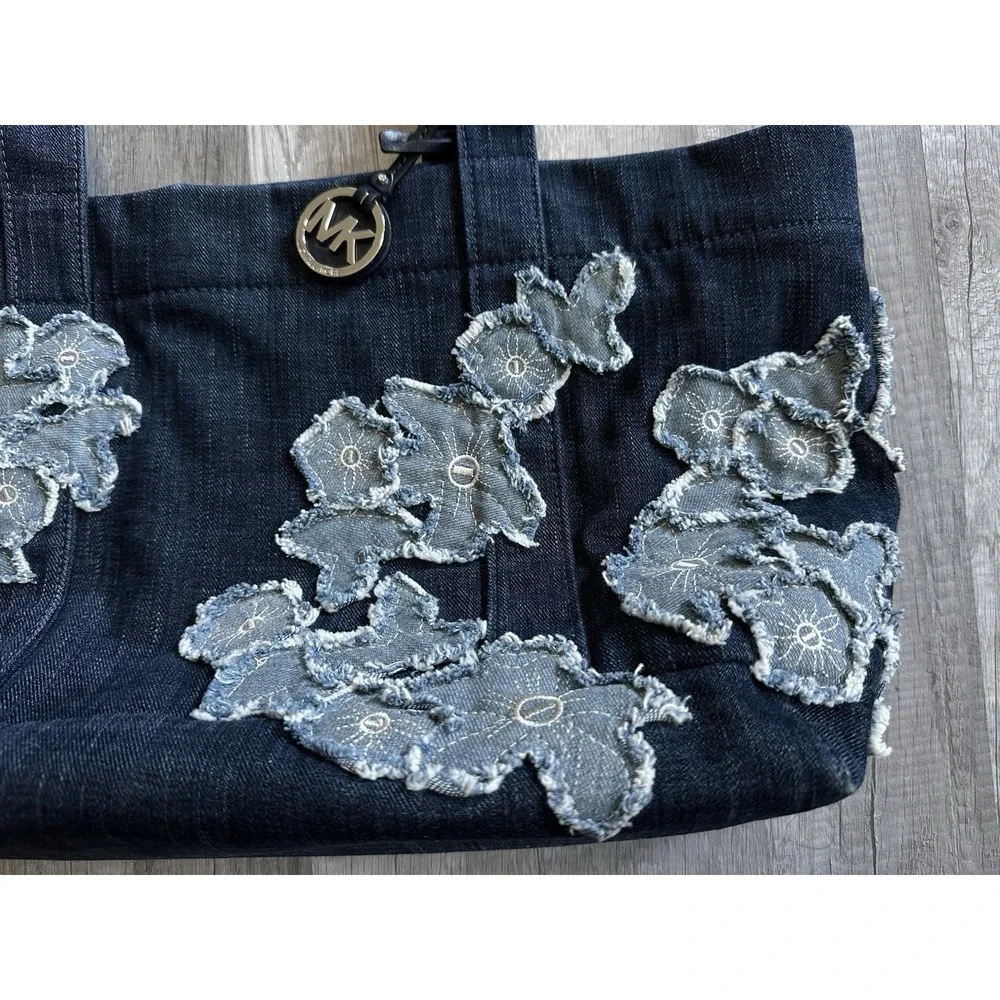 Michael Kors Denim Floral Appliqué Tote Bag Large Blue MK Shoulder Bag***RARE***